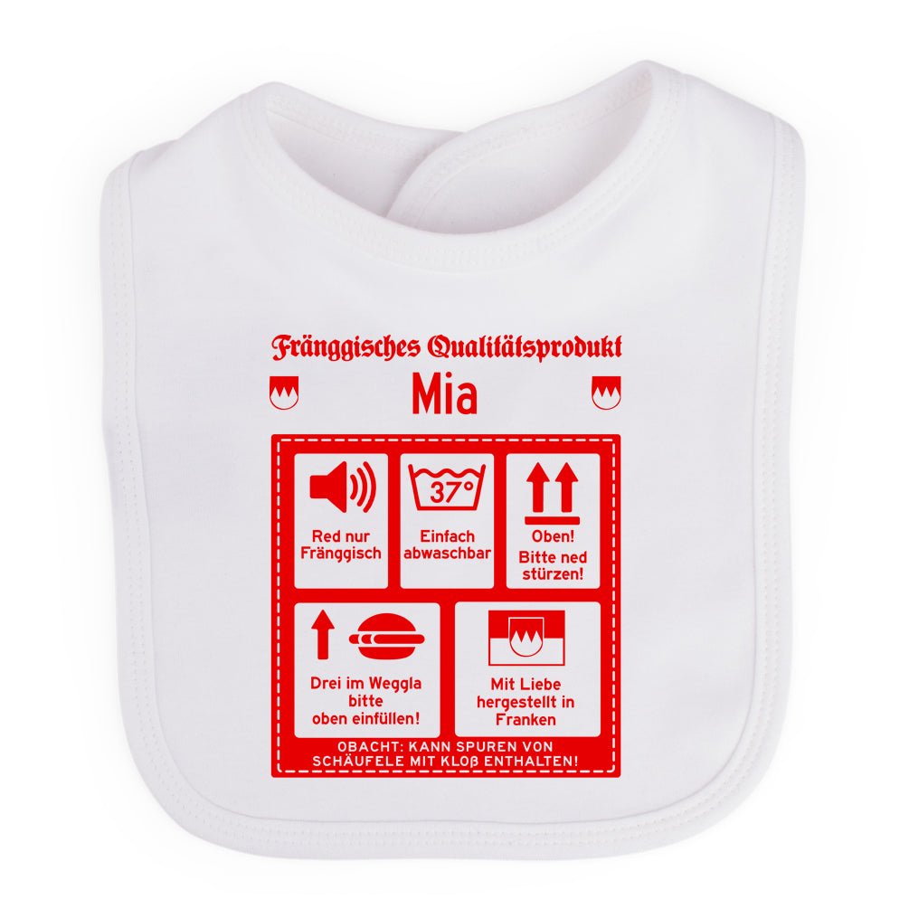 Baby Lätzchen "Fränggisches Qualitätsprodukt" mit Wunschname - meinherzschlag.de