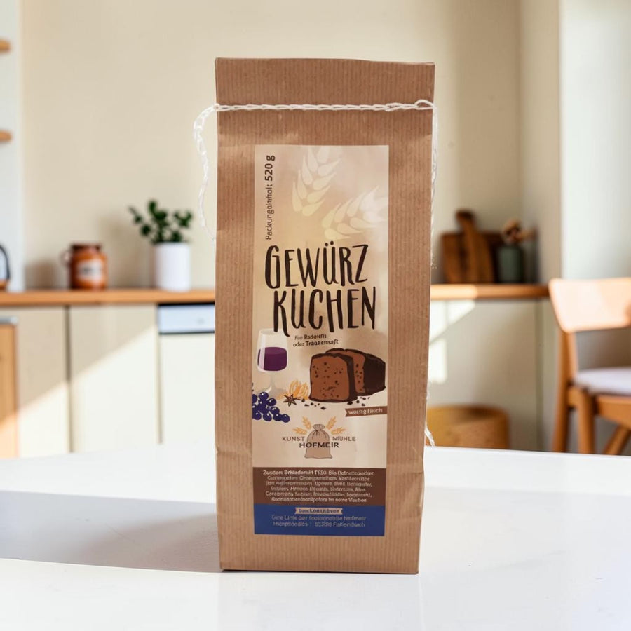 Papiertüte mit Etikett: Backmischung Gewürzkuchen, 520 g, von der Kunstmühle Hofmeir