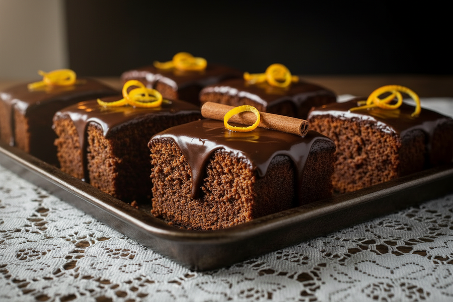 Gewürzkuchen-Schnitten mit Schokoladenglasur, Orangenschale und Zimtstange auf einem Blech