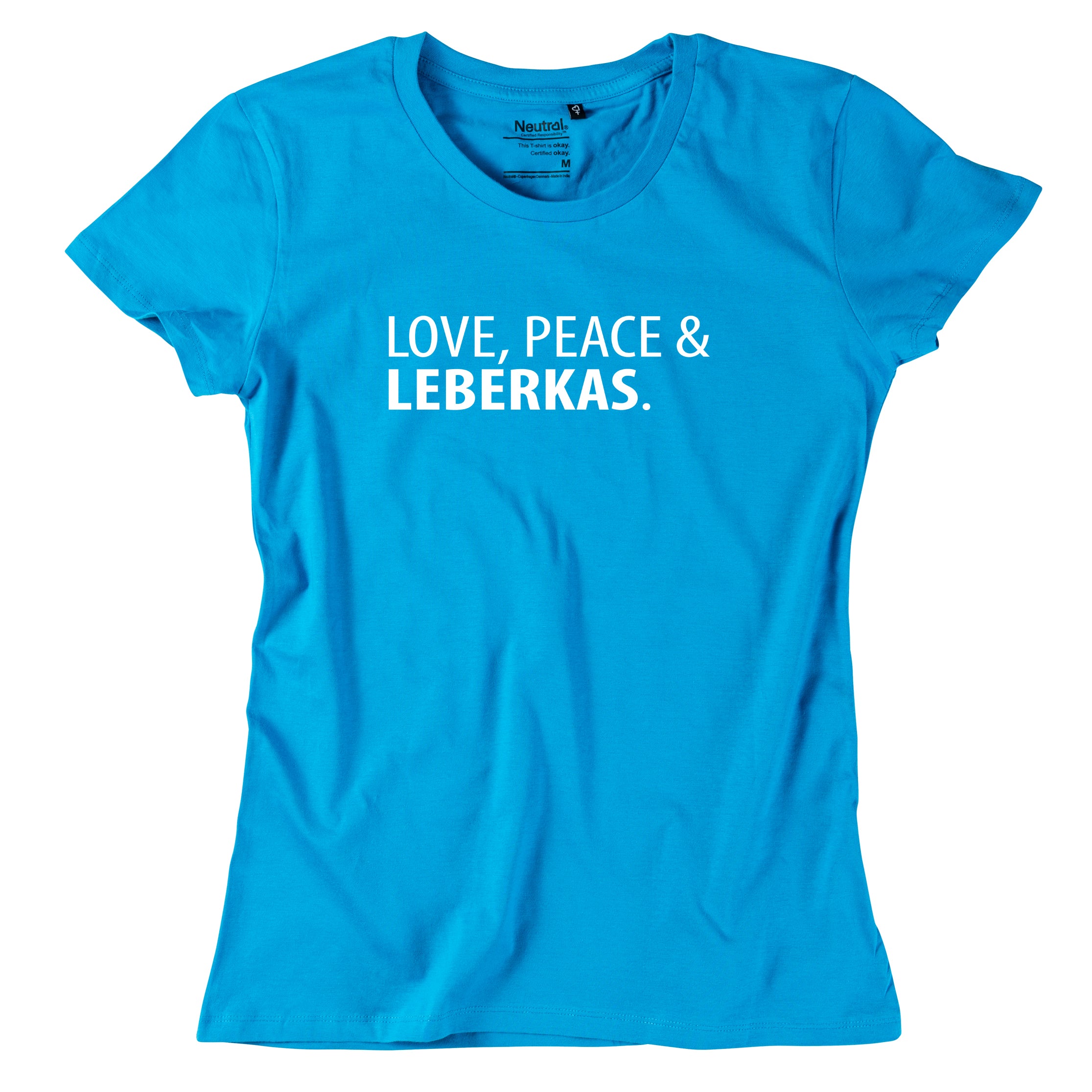 damen-shirt-love-peace-leberkas-tuerkis