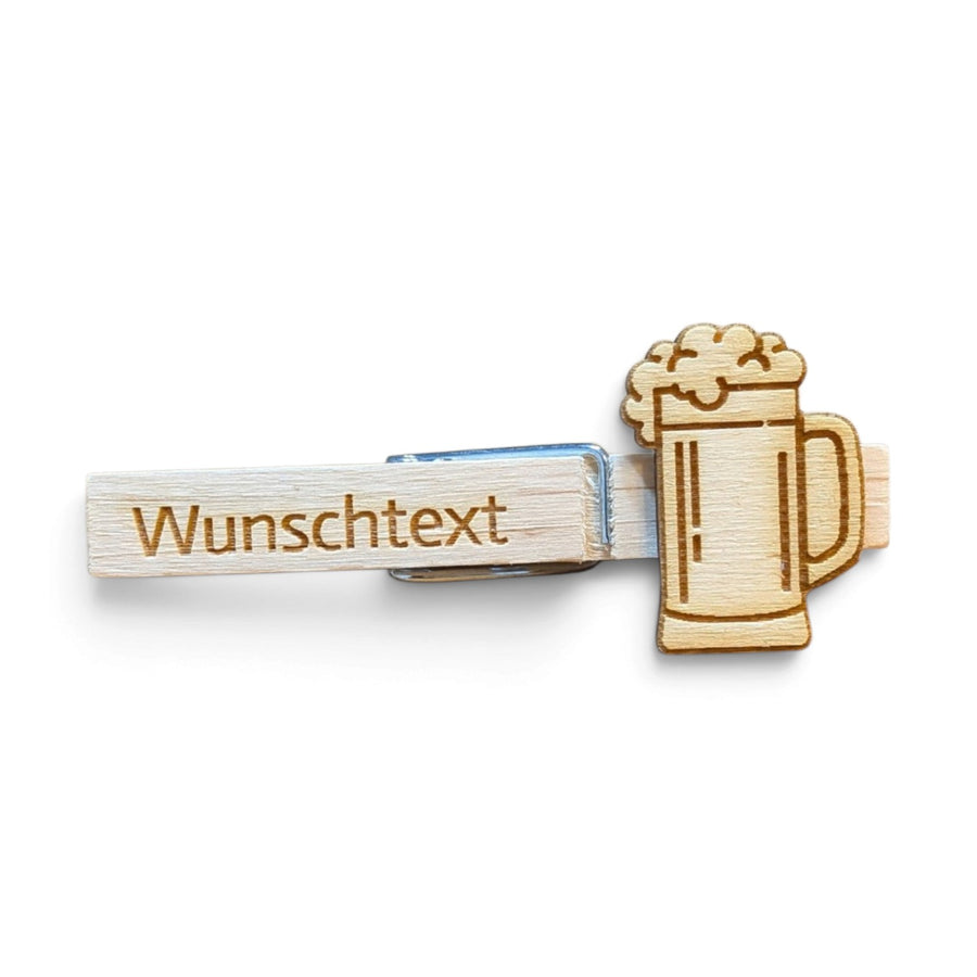 Glupperl/Wäscheklammer mit Bierkrug aus Naturholz und Wunschtext-Gravur