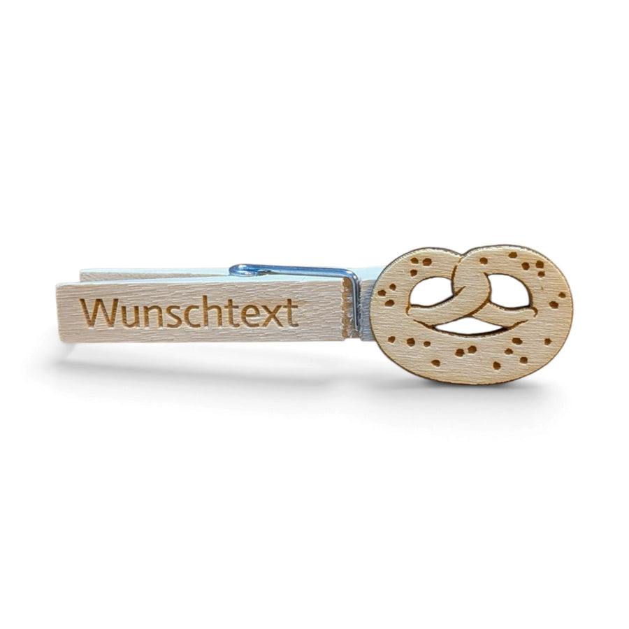 Glupperl/Wäscheklammer mit Brezn aus Naturholz und Wunschtext-Gravur