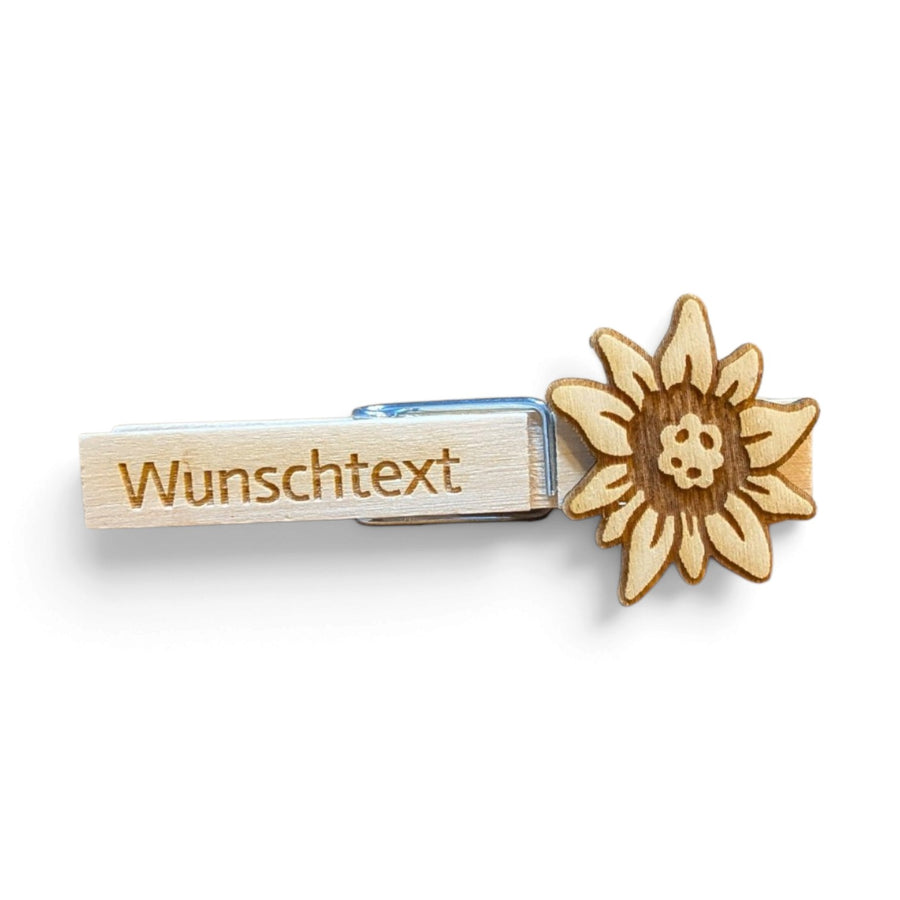 Glupperl/Wäscheklammer mit Edelweiß aus Naturholz und Wunschtext-Gravur