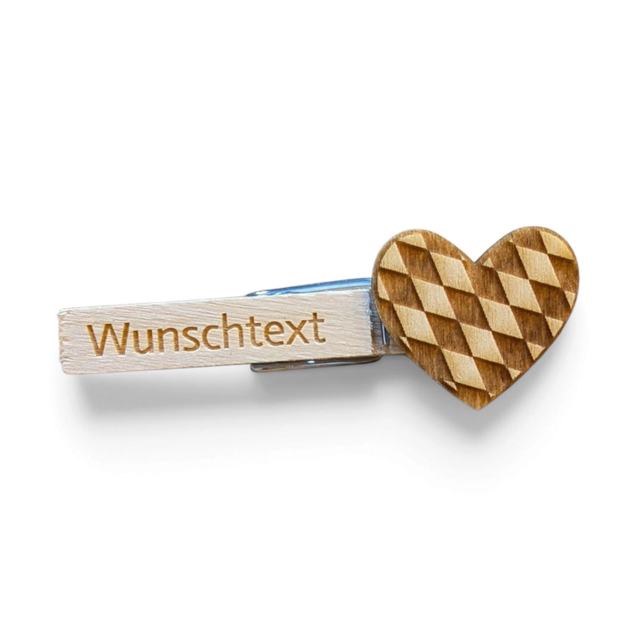 Glupperl/Wäscheklammer mit Rautenherz aus Naturholz und Wunschtext-Gravur