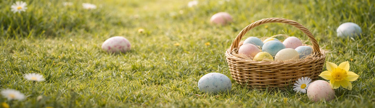 Osterkorb mit bunten Ostereiern auf einer Frühlingswiese