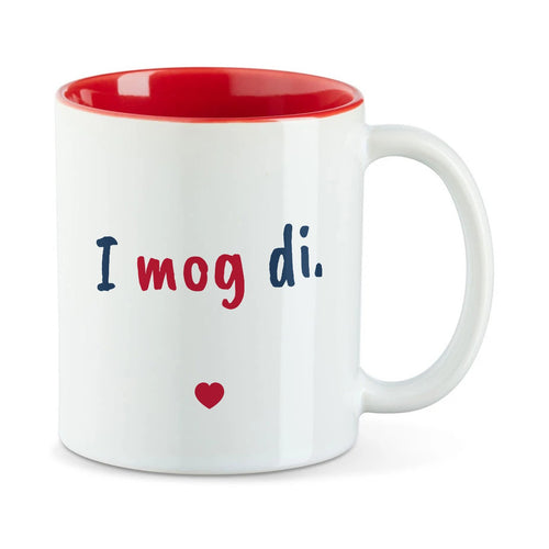 Weiße Tasse mit roter Innenseite und dem bairischen Spruch „I mog di.“ in Pinselschrift.