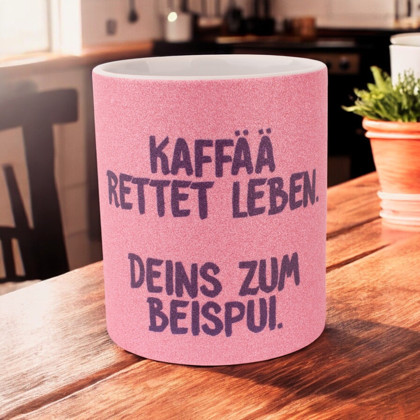 Glitzertasse "Kaffää rettet Leben!"