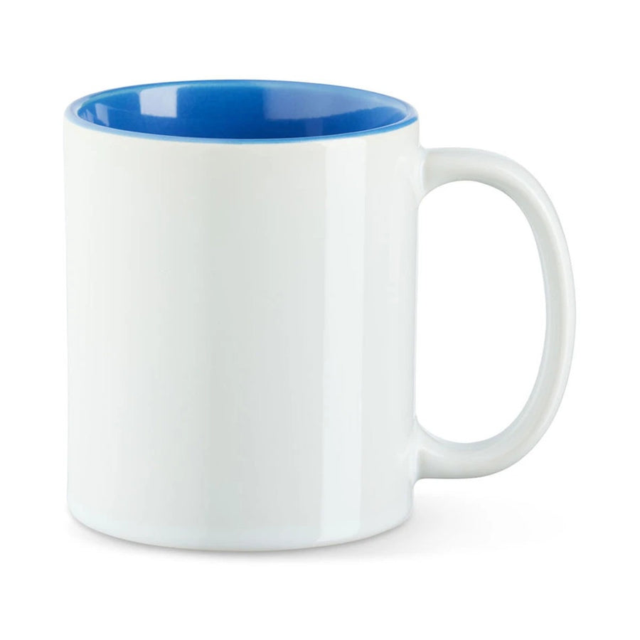 Weiße Tasse mit blauer Innenseite, auf der dein Spruch steht.