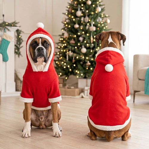 Zwei Hunde im Weihnachts-Hunde-Hoodie vor dem Christbaum