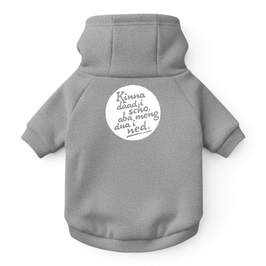 Hunde-Hoodie "Kinna dad i scho" grau-meliert