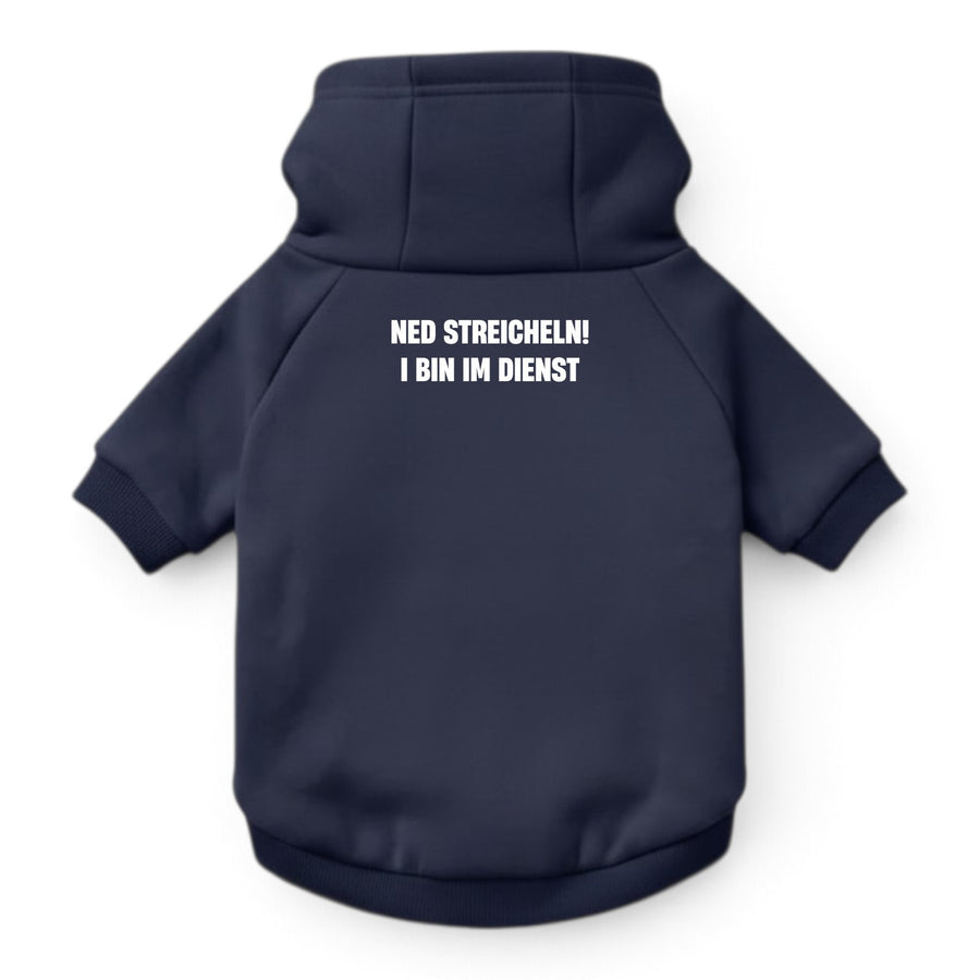 Hunde-Hoodie "Ned streicheln! I bin im Dienst" navy