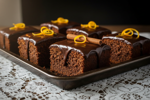 Gewürzkuchen-Schnitten mit Schokoladenglasur, Orangenschale und Zimtstange auf einem Blech