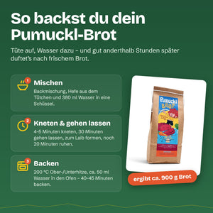 So backst du das Pumuckl-Brot: Backmischung mit Hefe und 380 ml Wasser mischen, kneten und gehen lassen, bei 200 °C 40–45 Minuten backen – ergibt ca. 900 g Brot