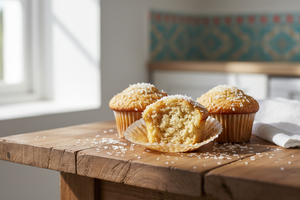 Drei Kokos-Muffins mit Kokosraspeln auf einem Holztisch, einer davon angebissen