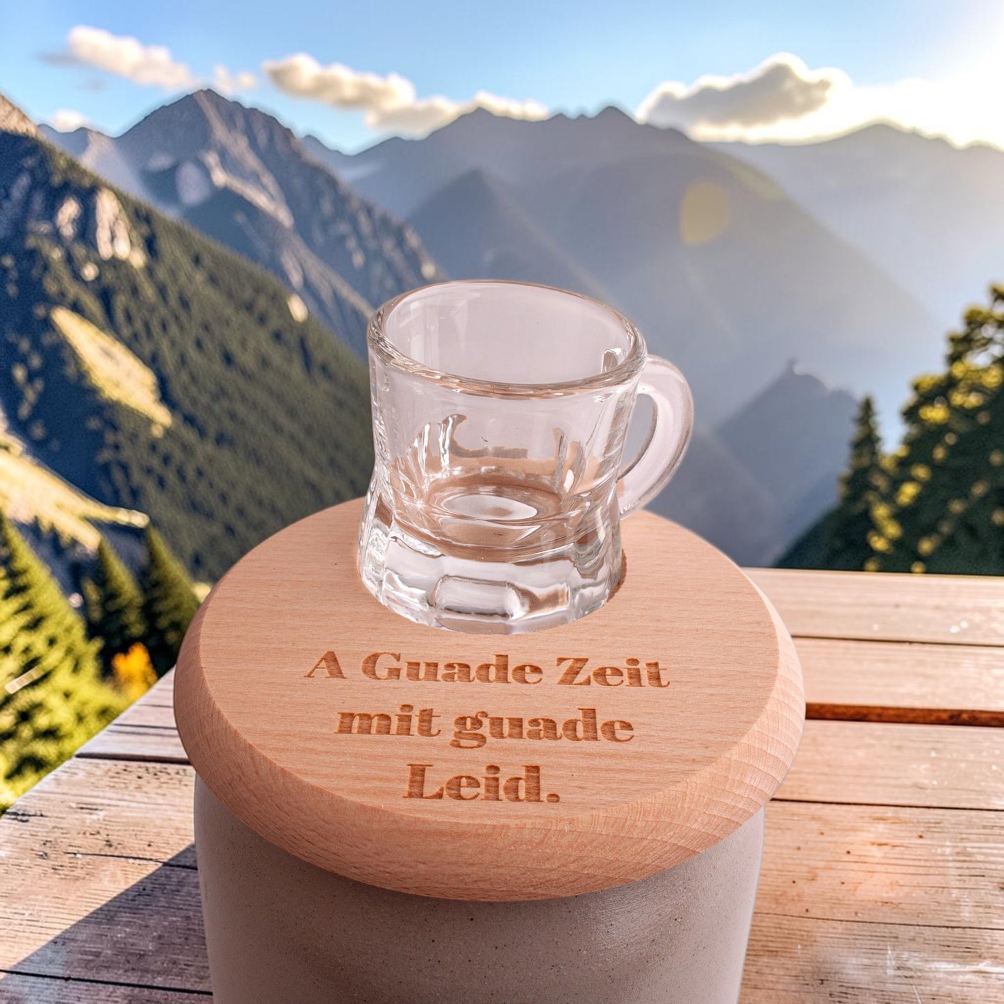 Bierglasdeckel mit Schnapsglasl "A guade Zeit"