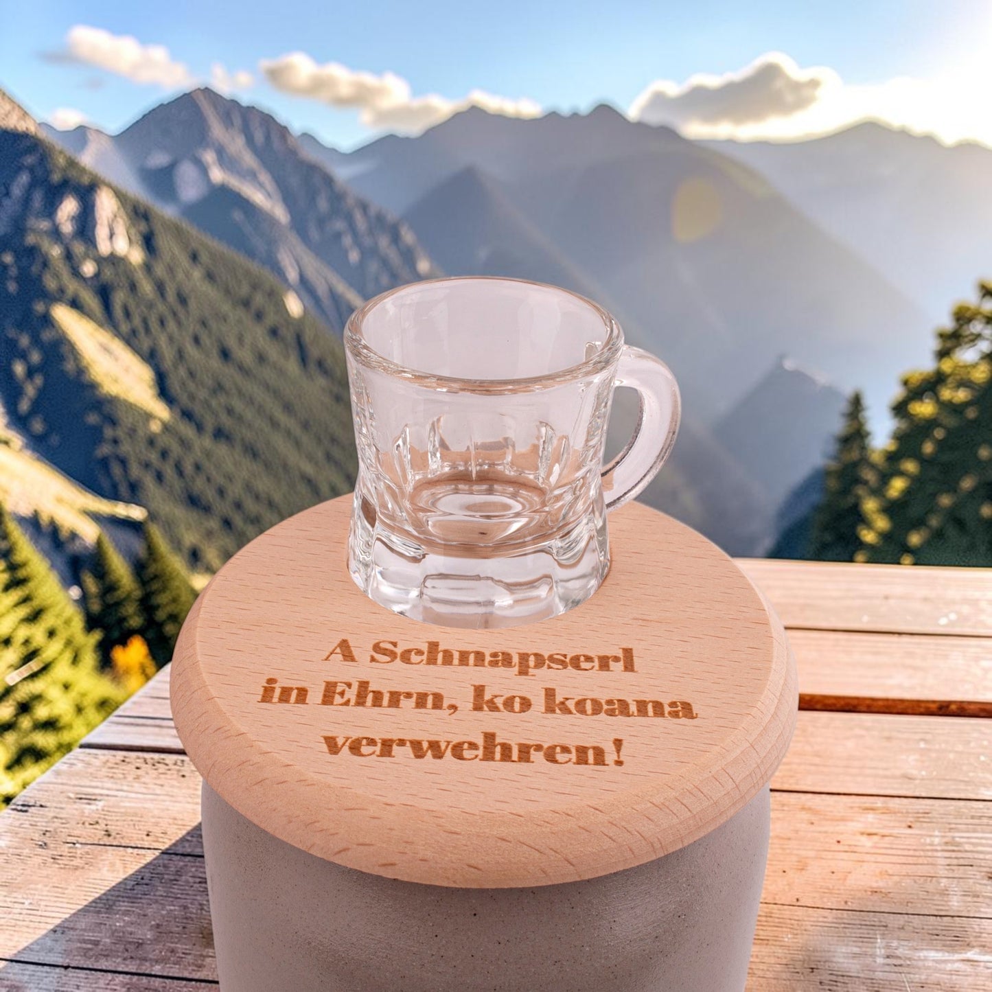 Bierglasdeckel mit Schnapsglasl "A Schnapserl in Ehrn"