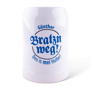 Bierkrug "Bratzn weg!" mit Wunschname - meinherzschlag.de