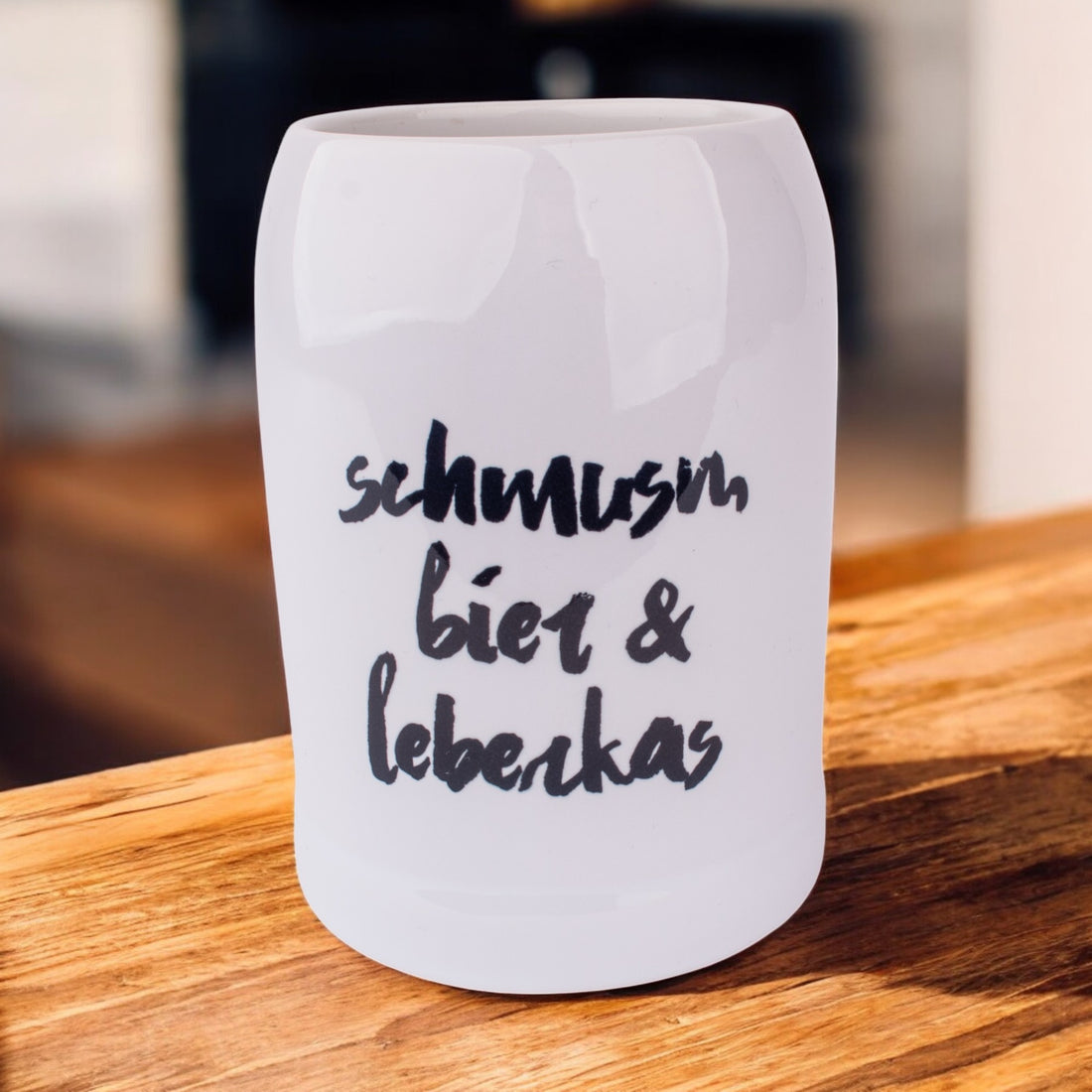 Bierkrug "schmusn, bier & leberkas"