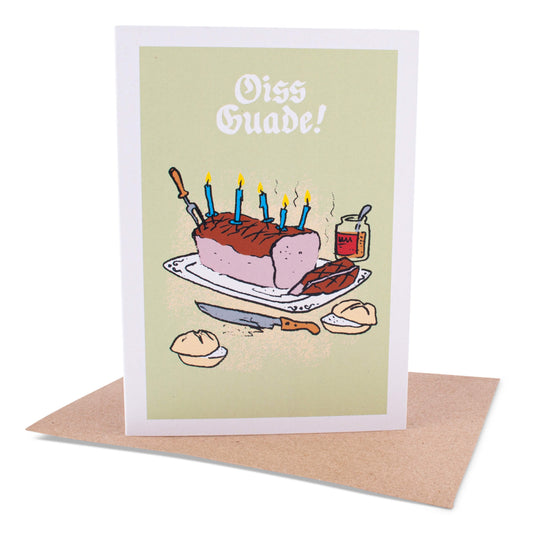 Glückwunschkarte "Oiss Guade mit Leberkas!" - meinherzschlag.de