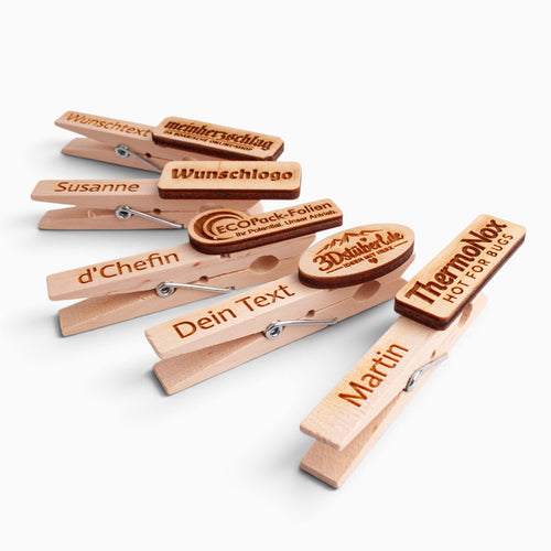 Glupperl/Wäscheklammer "Naturholz" mit Logo + Gravur