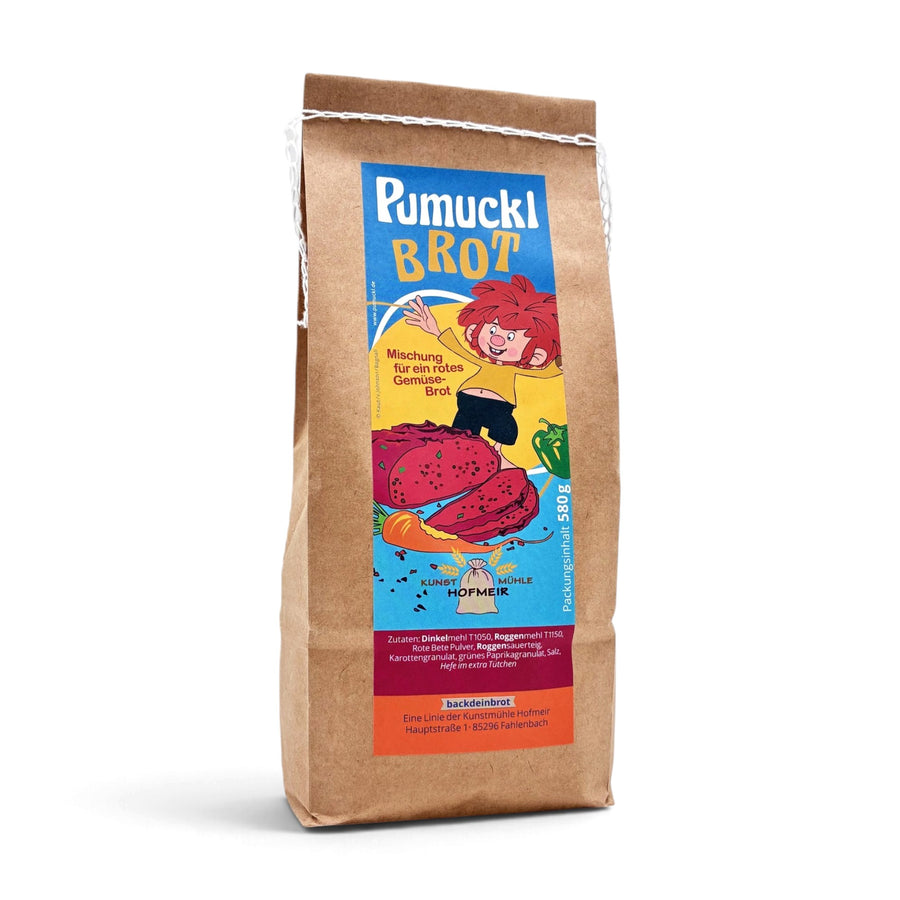 Backmischung Pumuckl-Brot der Kunstmühle Hofmeir, Vorderseite der Papiertüte mit Pumuckl und rotem Gemüsebrot