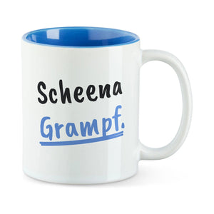 Weiße Tasse mit blauer Innenseite und dem bairischen Spruch „Scheena Grampf.“ in Pinselschrift.