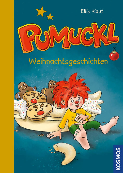 Cover des Vorlesebuchs Pumuckl Weihnachtsgeschichten von Ellis Kaut: Pumuckl sitzt satt zwischen Plätzchen und Lebkuchenmännchen.