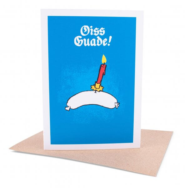 Glückwunschkarte "Oiss Guade mit Weißwurscht!"